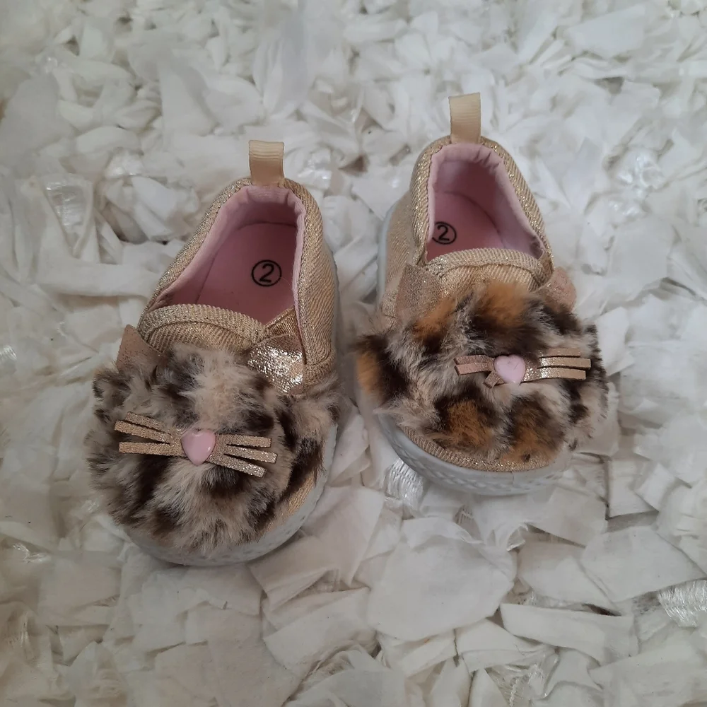 4 / $20 Kawaii Cat Crib Shoes Slip On Kitty Faux Fur Leopard Print Trim Baby 2